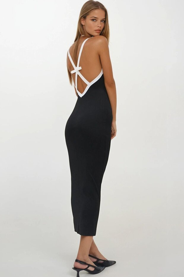 Women's Black Thin Strap Sleeveless Midi Dress Vs00263