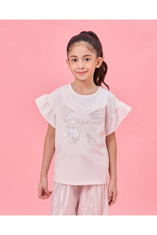 Girls Pink Butterfly Embellishment Jersey Tops