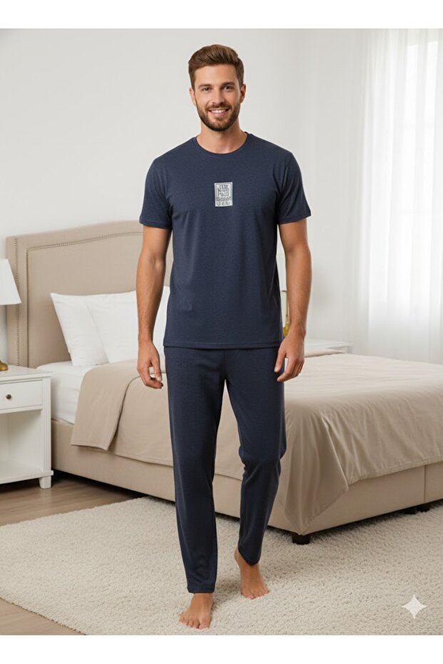 Men's Navy Blue Short Sleeve Summer Comfortable Pajama Set