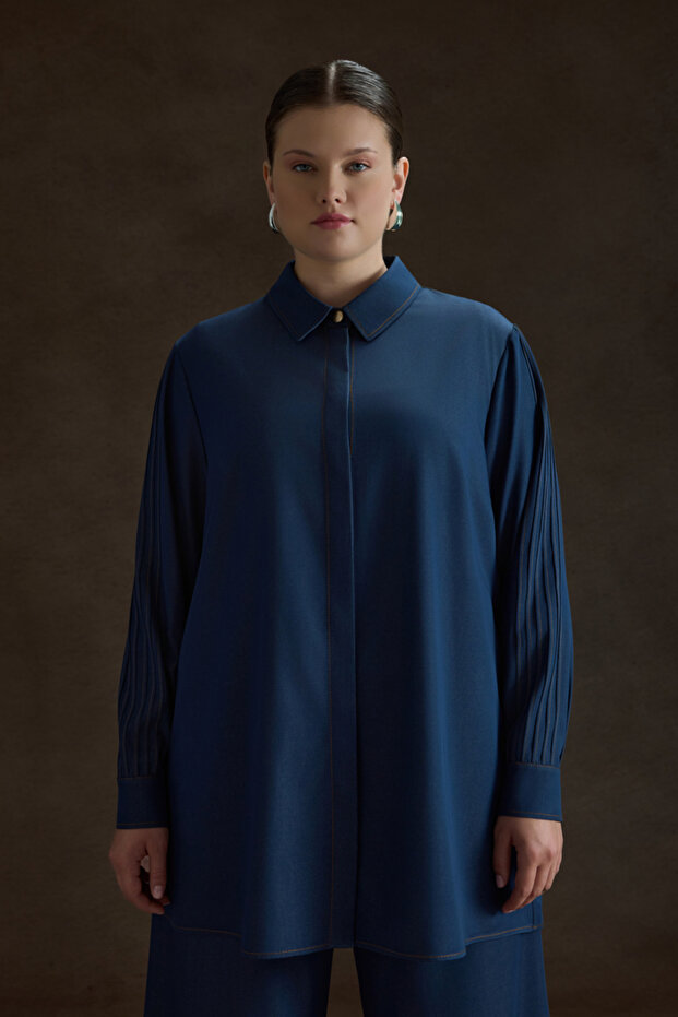 İndigo Denim Görünümlü Viscon Tunik - 2