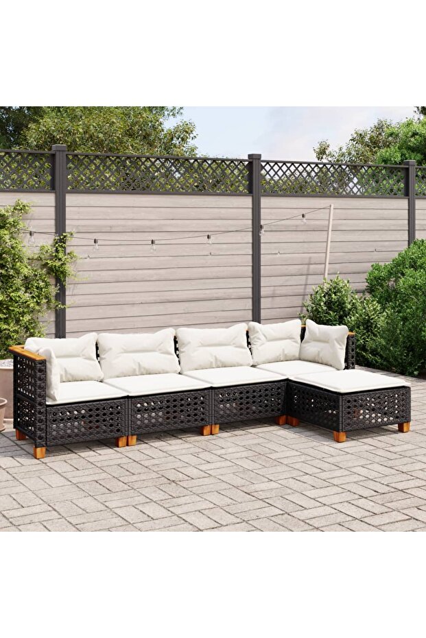 5 Piece Garden Sofa Set with Cushions Black Poly Rattan