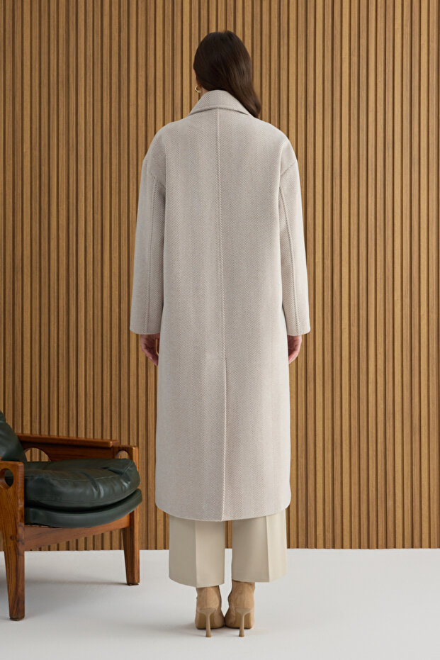 Beige Herringbone Patterned Coat - 6