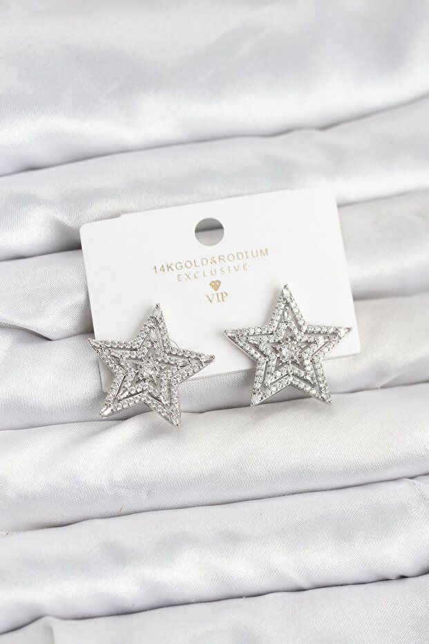 Silver Color Brass Zircon Stone Star Model Women's Earrings