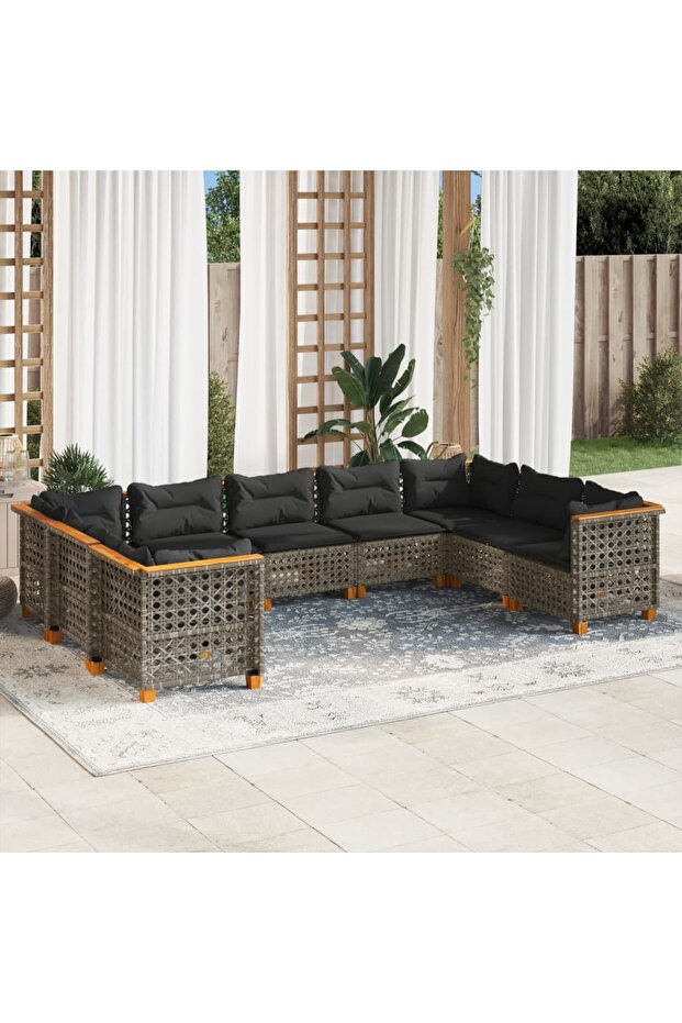 9 Piece Garden Sofa Set with Cushions Grey Poly Rattan