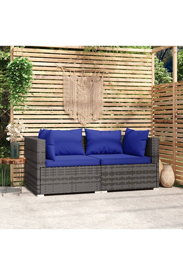 2-Seater Sofa with Cushions Grey Poly Rattan