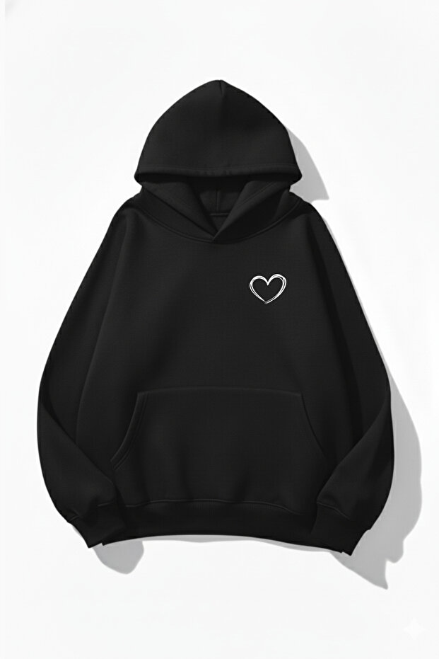 Unisex Soft Textured Pocket Heart Printed Design Oversized 3 Thread Hoodie Sweatshirt