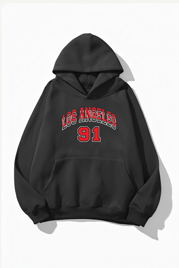 Unisex Soft Textured Los Angeles 91 Printed Design Oversized 3 Thread Hoodie Sweatshirt