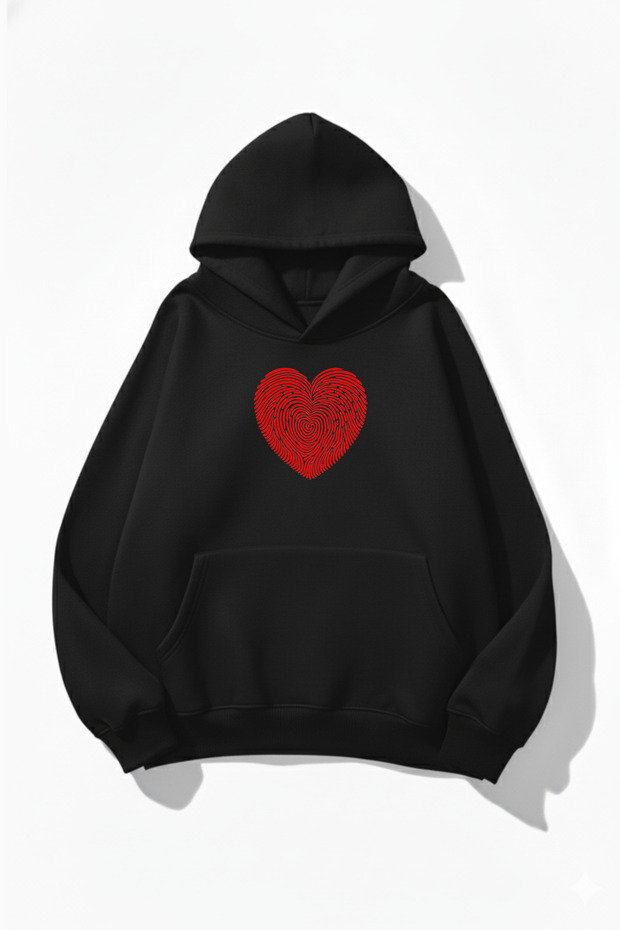 Unisex Soft Textured Heart Trace B Printed Design O Oversized 3 Thread Hoodie Sweatshirt