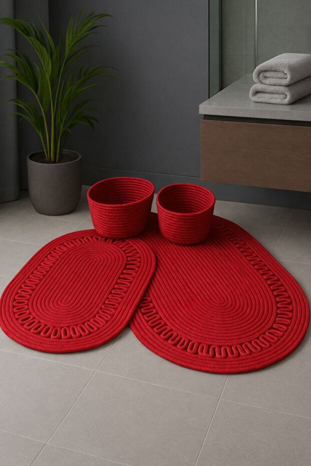 Terra 4-Piece Bathroom Set – 2 Oval Mats & 2 Oval Baskets, Natural Rope Weave, Handmade - Premium