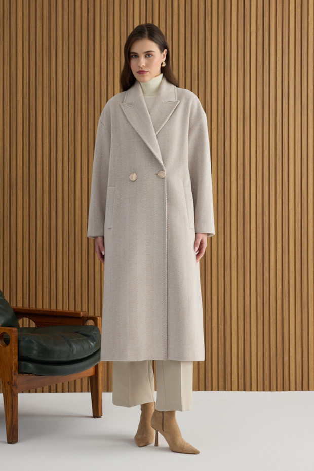 Beige Herringbone Patterned Coat - 3