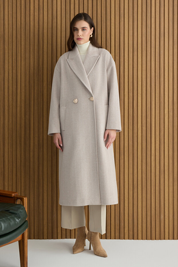 Beige Herringbone Patterned Coat - 2