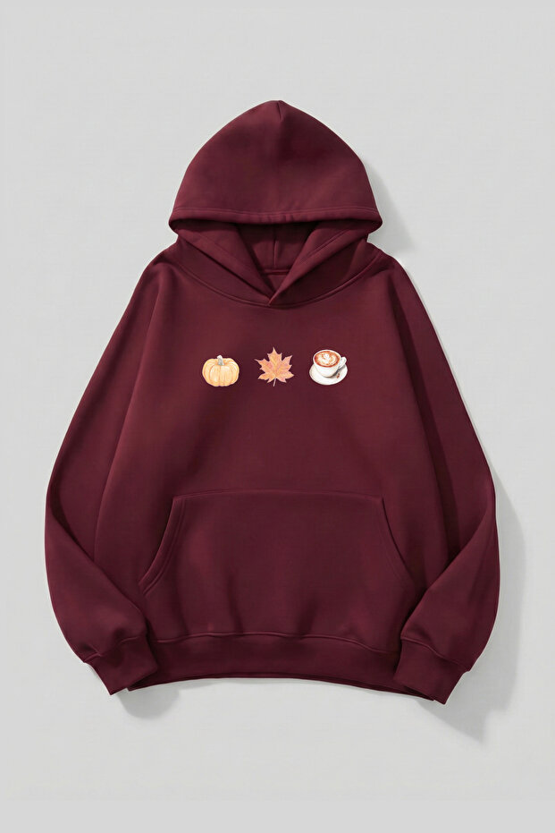 Unisex Soft Textured Pumpkin Spice & Cozy Vibes Printed Design Oversized 3 Thread Hoodie Sweatshirt