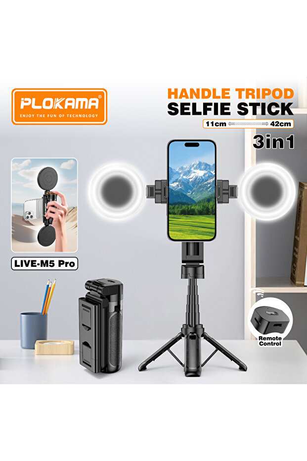LIVE-M5 Pro 3-in-1 Selfie Stick with LED Ring Light & Bluetooth Remote