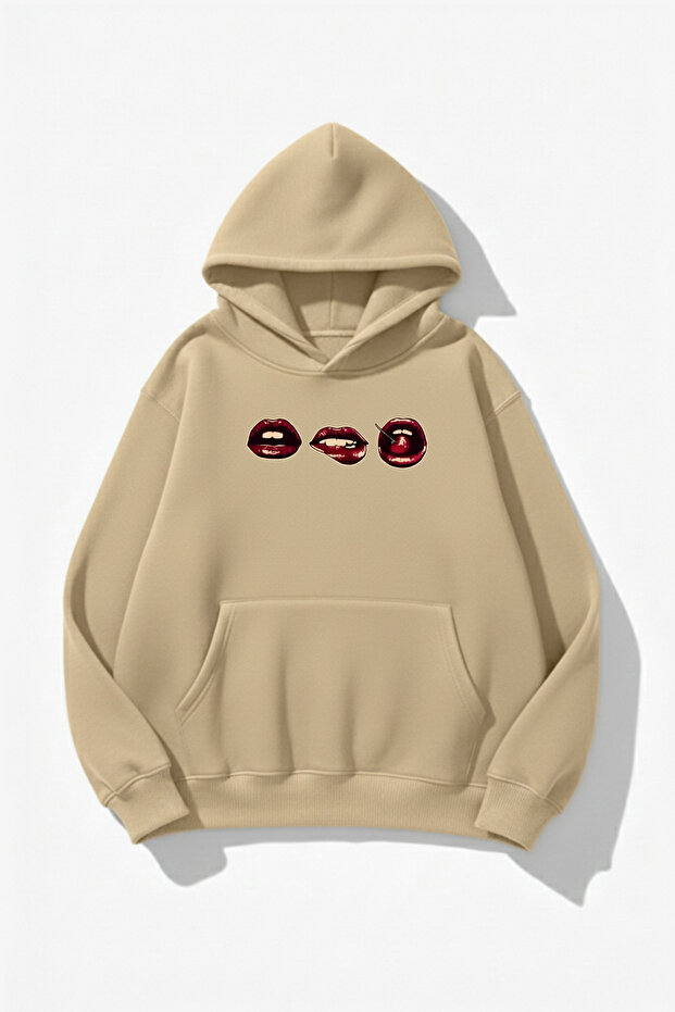 Unisex Soft Textured 3-Piece Lip Printed Design Oversized 3 Thread Hoodie Sweatshirt