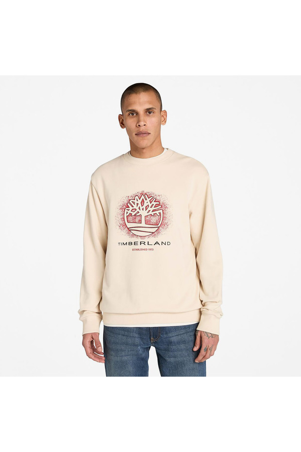 Front Seasonal Tree Logo Graphic Crewneck Men's Beige Sweatshirt