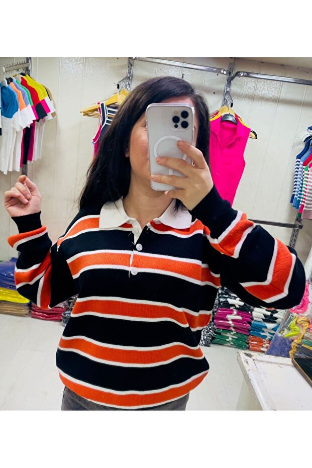 Women's Striped Polo Neck Sweater