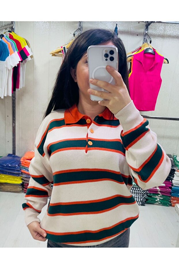 Women's Striped Polo Neck Sweater