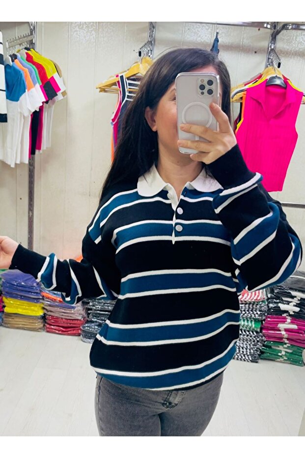 Women's Striped Polo Neck Sweater