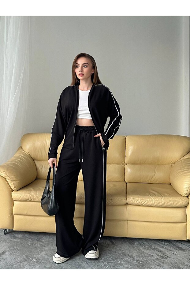 Modal Fabric Stripe Inter Piped Zippered Sweatshirt & Trousers Two-Piece Set