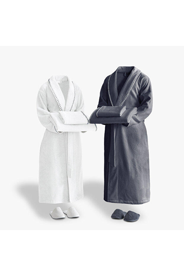 Tria Family Bathrobe Set 100% Cotton Jacquard Cream-Navy Blue M/L