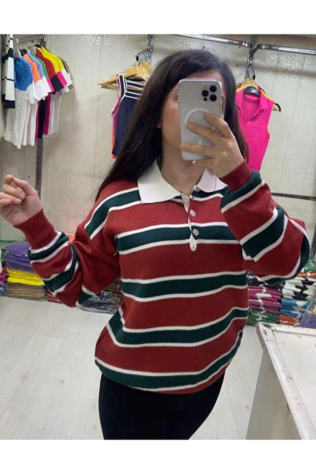 Women's Striped Polo Neck Sweater
