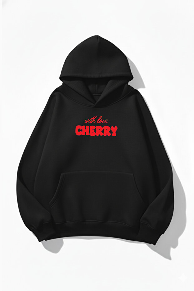 Unisex Soft Textured with Love Cherry Printed Design Oversized 3 Thread Hoodie Sweatshirt