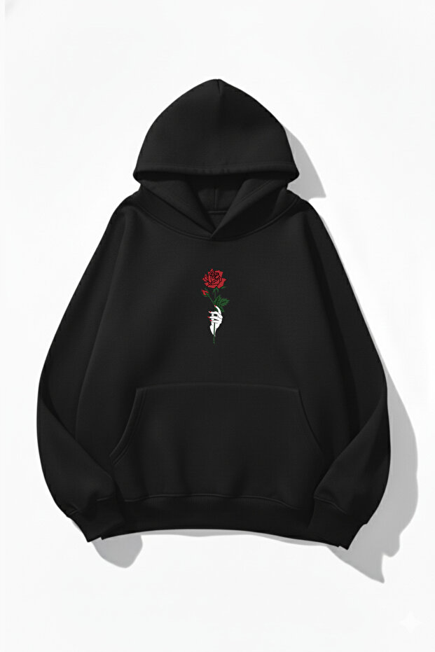 Unisex Soft Textured Rose Loving Printed Design Oversized 3 Thread Hoodie Sweatshirt
