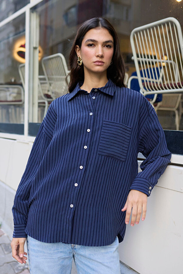 Navy Blue Velvet Striped Oversized Shirt - 5000
