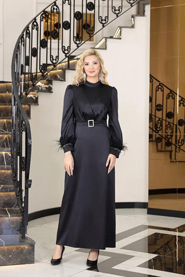Satin Evening Dress with Buckle Detail