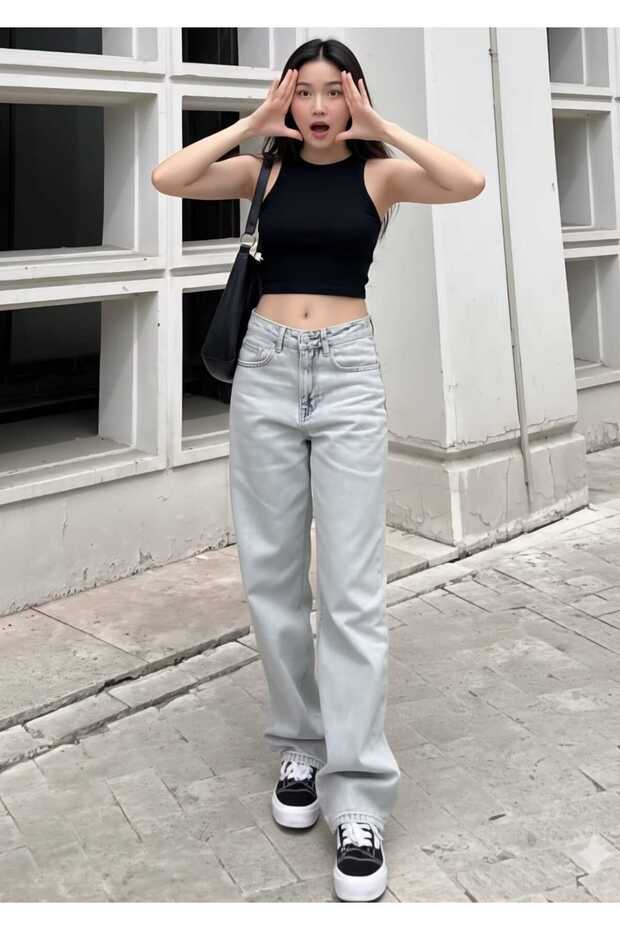 Tokyo Blue Baggy Tint Buckle Detail Loose Fit Wide Leg Comfortable Baggy Jean Denim Casual Women's Pants