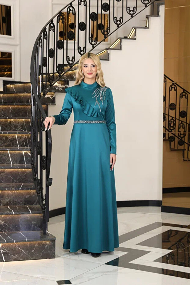 Satin Stone Evening Dress