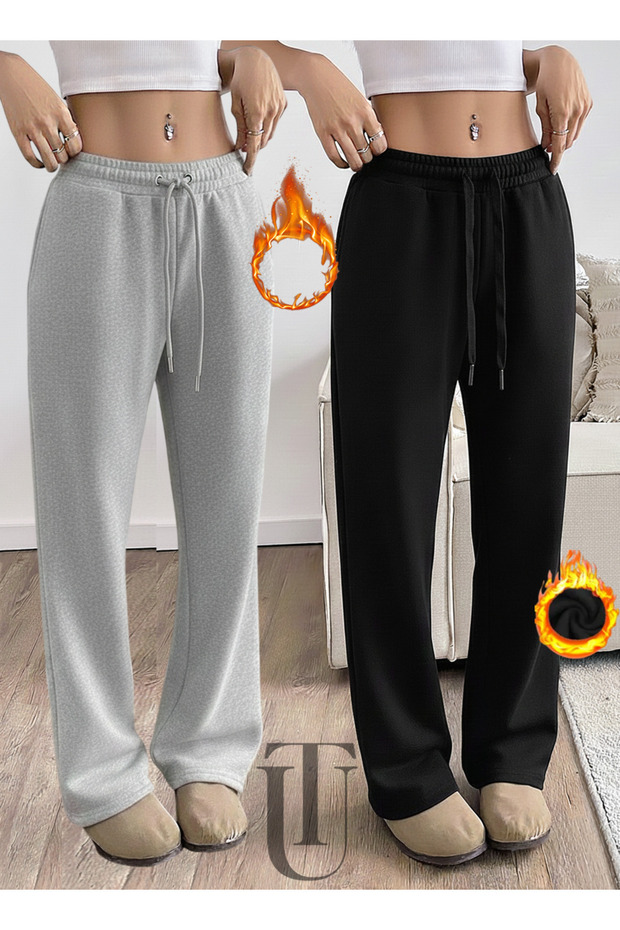 Winter Fleece-Lined Women's 2-Piece (Black + Grey) Sweatpants with Cotton Inside, Loose Fit, Baggy, Plus Size, with Pockets