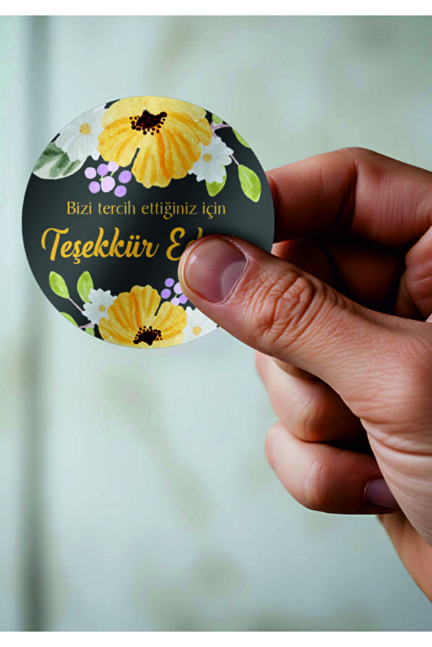 Yellow Flower Patterned Thank You Written 4 cm Round Sticker 70 Pieces