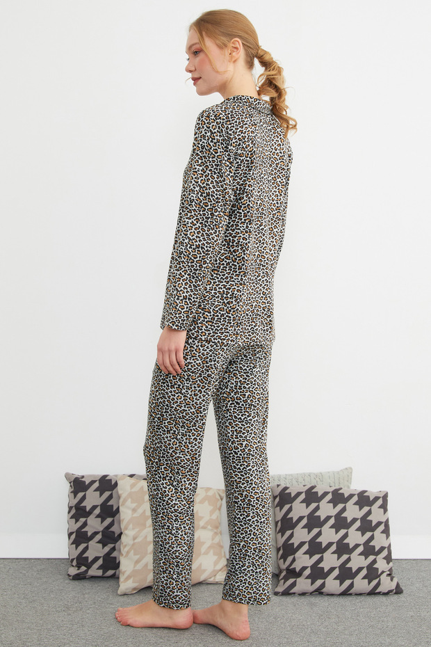 Leopard Patterned Polo Neck Buttoned Pajama Set - 6