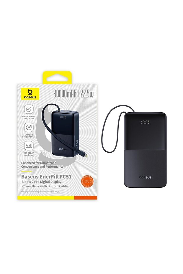 EnerFill Bipow2 Pro 30000 mAh Power Bank, Dahili USB-C Kablosu, 22.5W Hızlı Şarj, LED Ekran, Siyah - 2