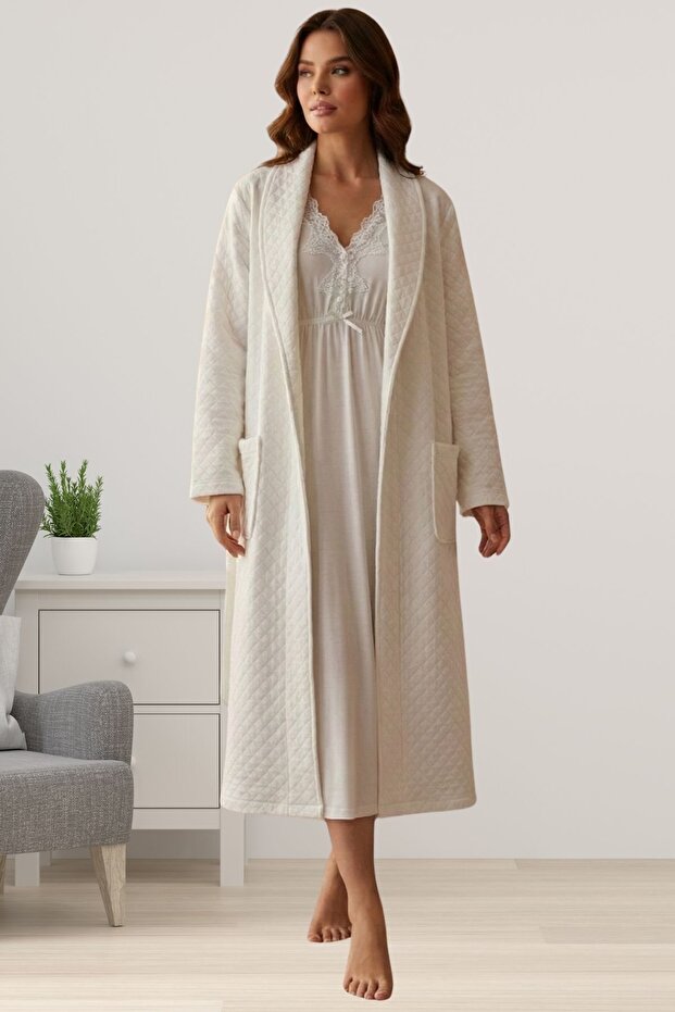 Effortt Ecru Long Quilted Dressing Gown Nightgown Set