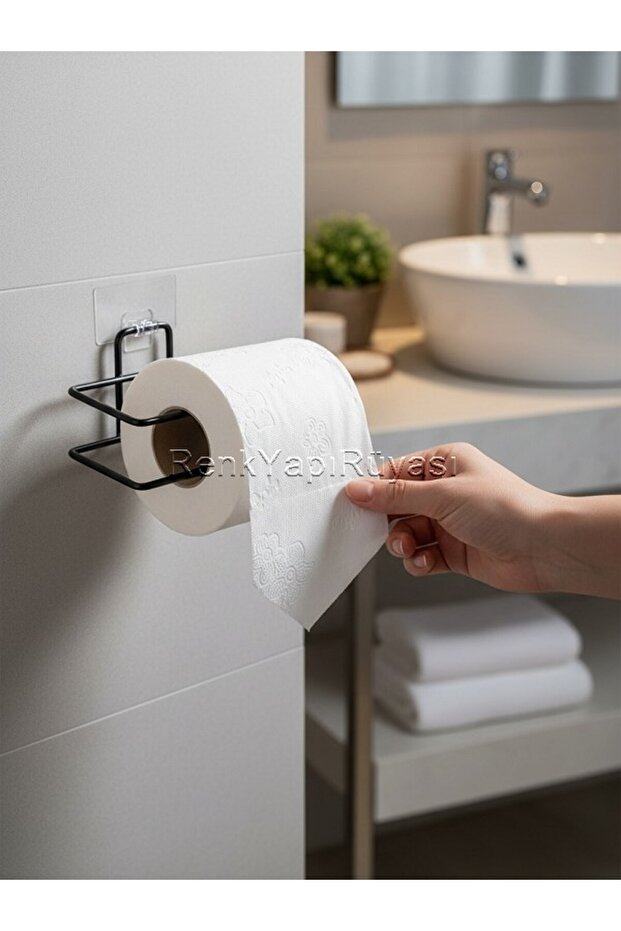 Adhesive Metal Black Square Toilet Paper Roll Holder Wc Paper Holder