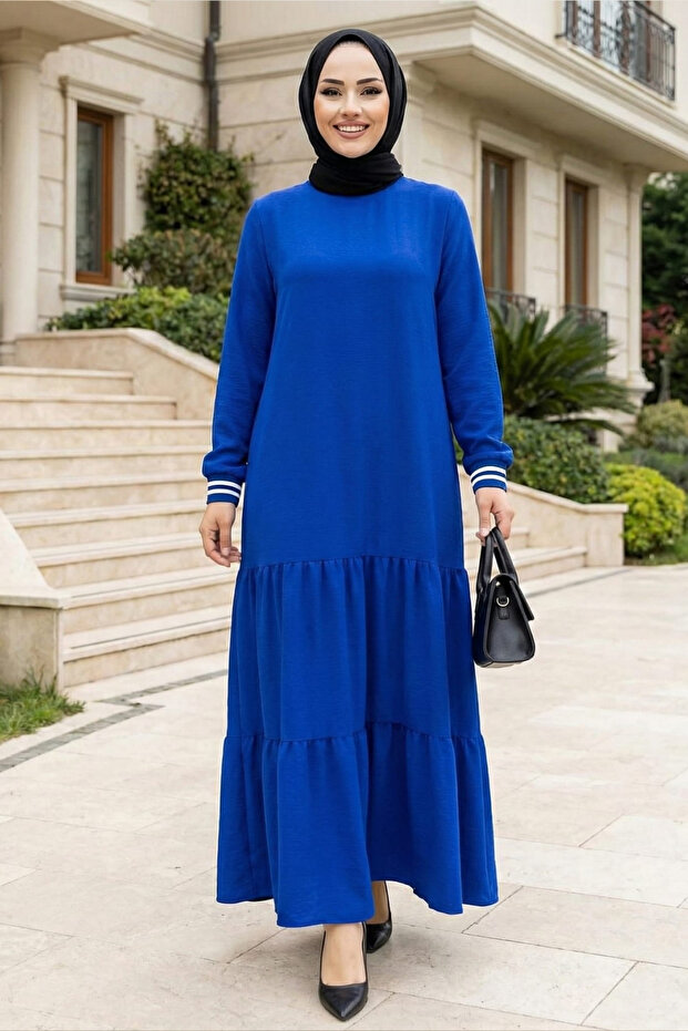 Women's Ayrobin Sleeve Ribbed Long Blue Hijab Dress