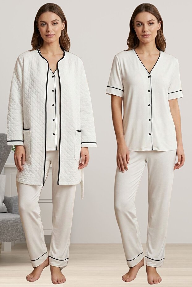 Effortt Ecru Quilted Robe Pajama Set