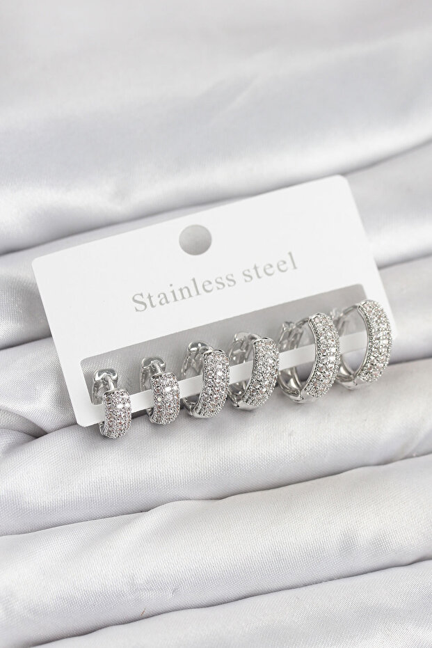 316L Steel Silver Color Zircon Stone Hoop Earrings Set