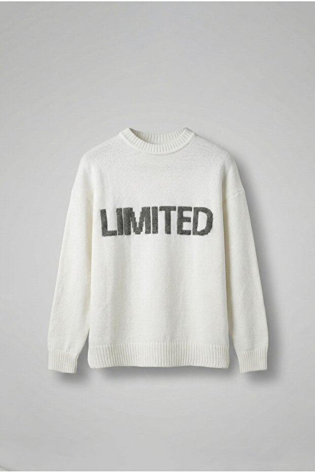 Men's Oversized Limited Embossed Printed Knitwear Sweater Ecru