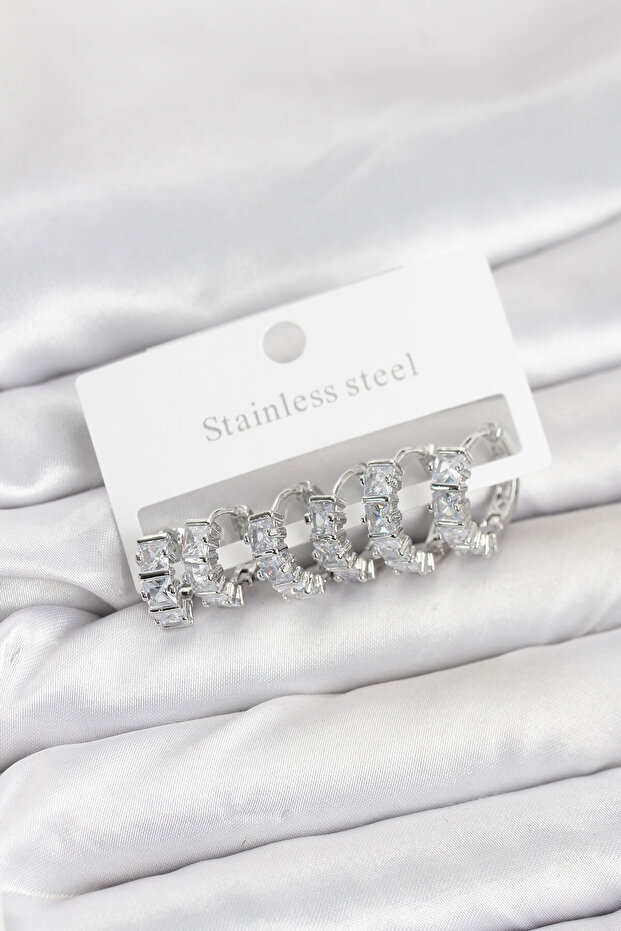 316L Steel Silver Color Baguette Zircon Stone Hoop Earrings Set