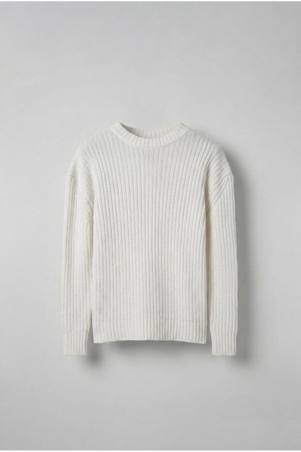 Erkek Oversize Fitilli Basic Triko Kazak Ekru - 1