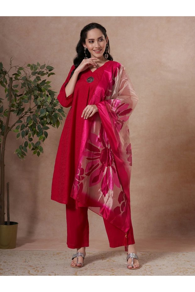 Rani Pink A-Line Kurta Set for Women with Palazzo and Organza Dupatta–Ethnic Indian Dress for Ladies