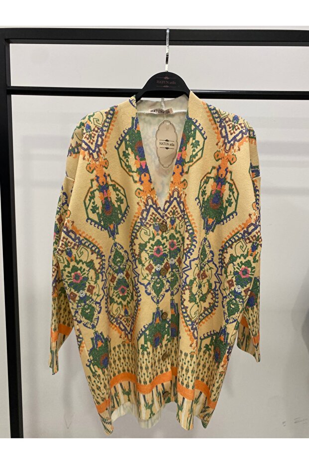 Digital Printed Patterned V-Neck Buttoned Transitional Knitwear Long Cardigan - 1182
