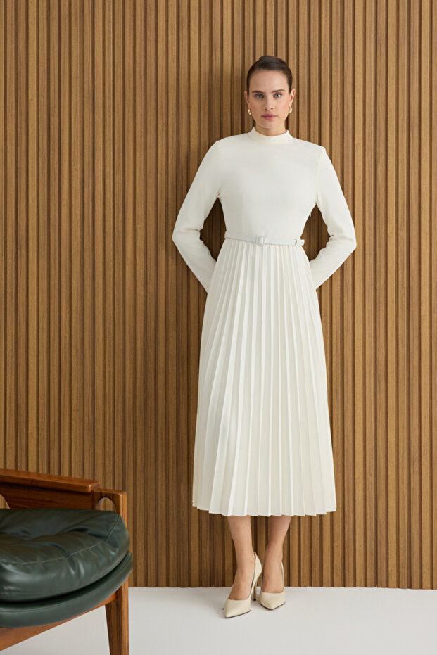 Ekru Piliseli Elbise - 3