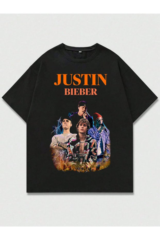 Justin Bieber Printed Unisex Oversize Cut 100% Cotton Crew Neck Black T-Shirt