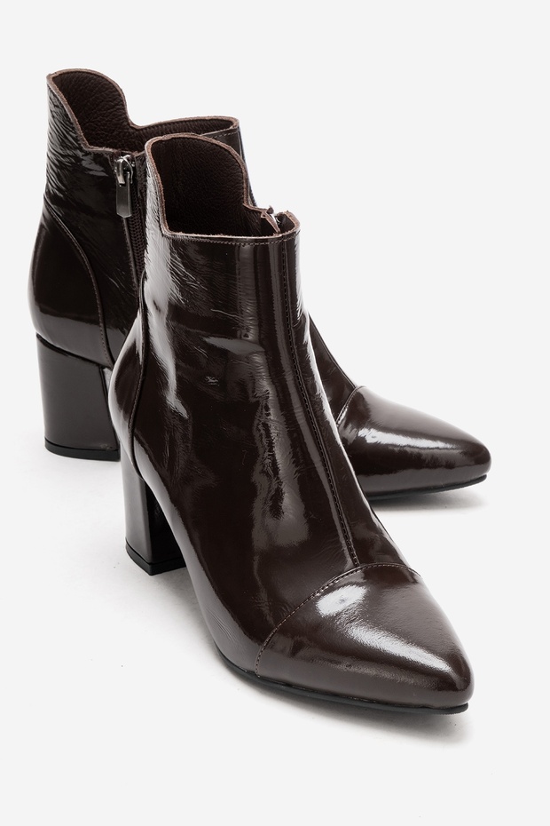 Gael Brown Wrinkled Patent Leather Genuine Leather Women's Thick Heeled Boots