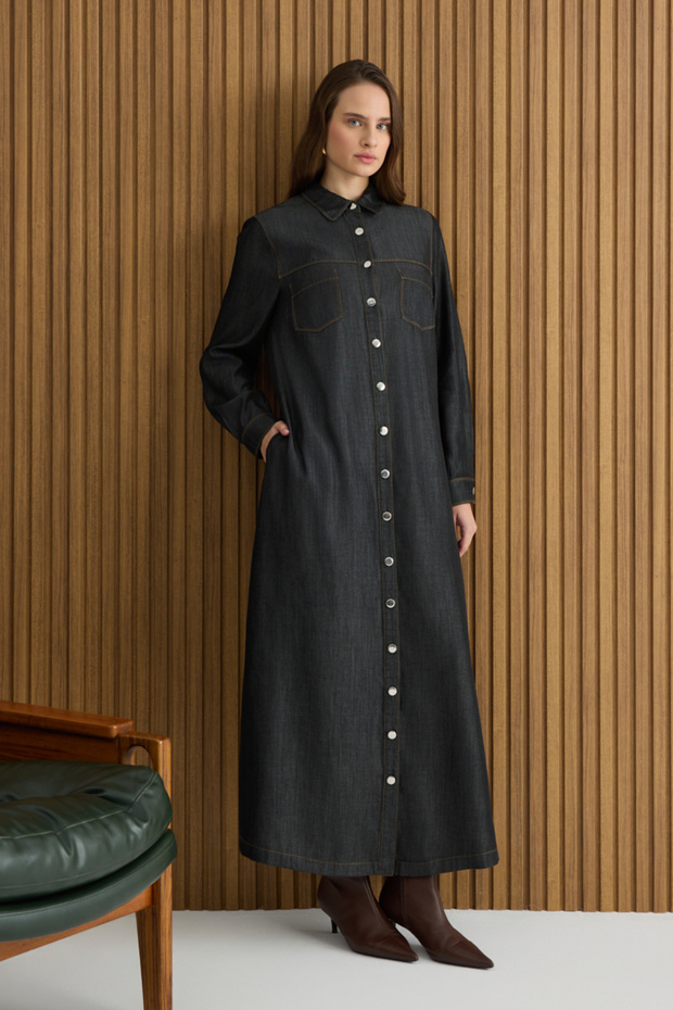 Siyah Denim Görünümlü Ferace - 1