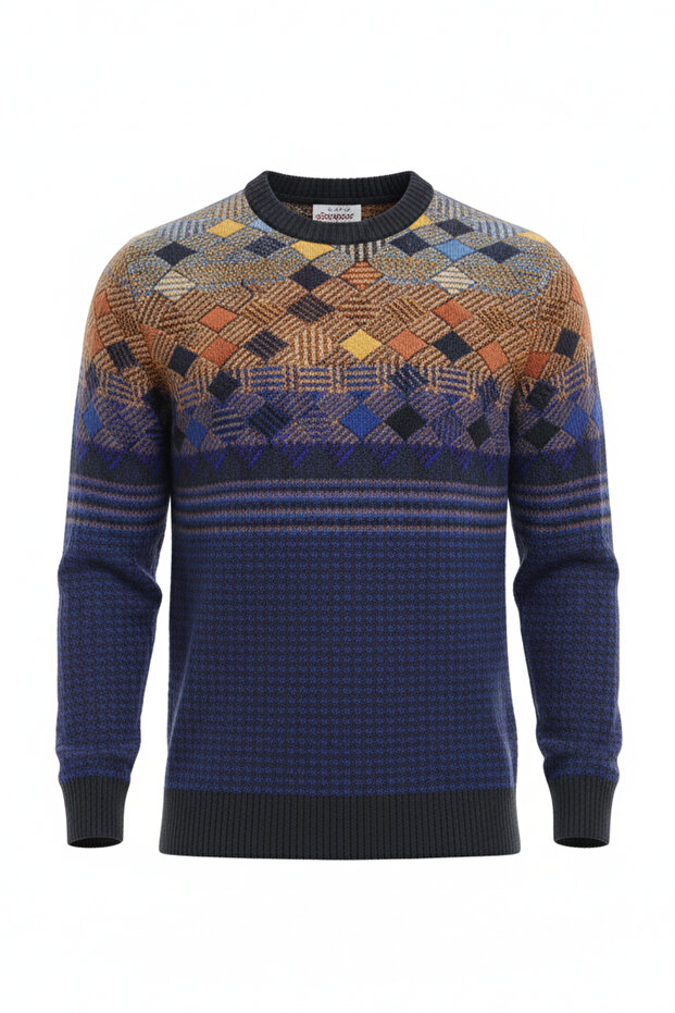 Men's Crew Neck Geometric Pattern Sweater - 4